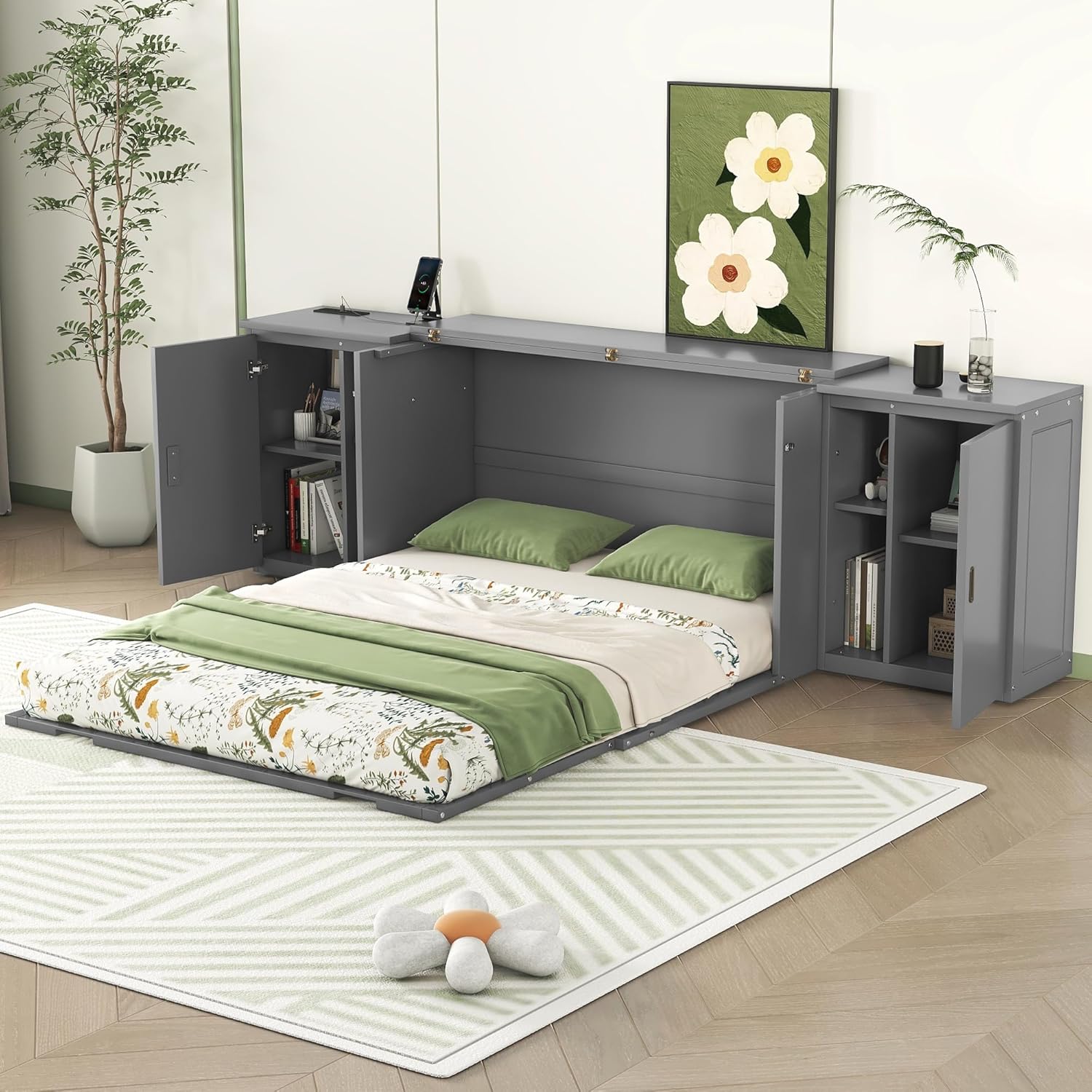 UBGO Queen Size Murphy Bed with Storage Shelves and Cabinets,2 in 1 Murphy Cube Cabinet Bed with USB Ports,Space-saving Wooden Bedframe for Bedroom,Guest Room Lounge or Office, Apartment-Gray