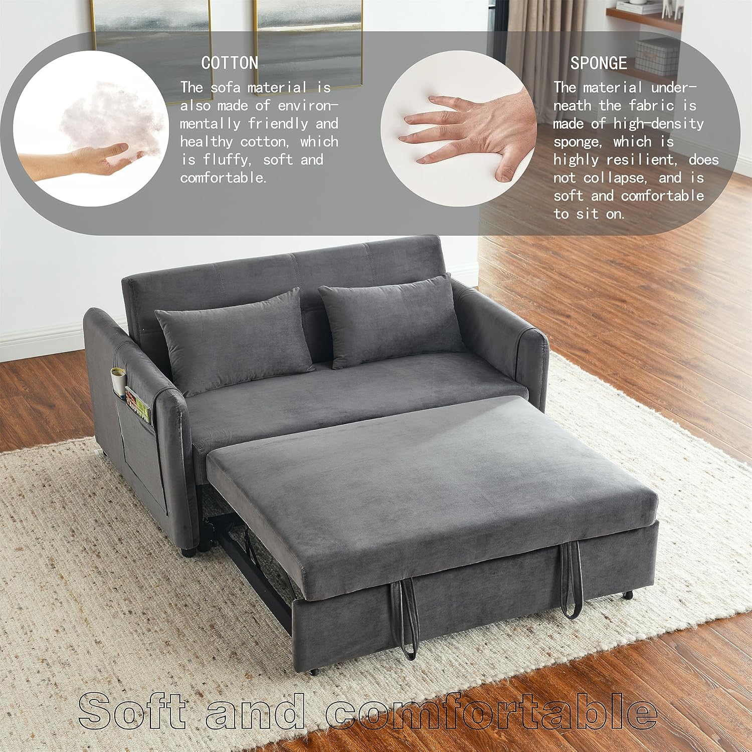 3-in-1 Convertible Sleeper Sofa Bed Recliner, Grey O8746