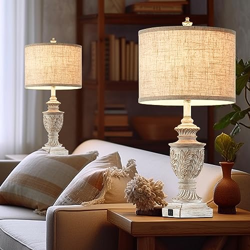 Farmhouse Table Lamps Set of 2, 26" Rustic Bedside Lamps with USB Ports Y9983
