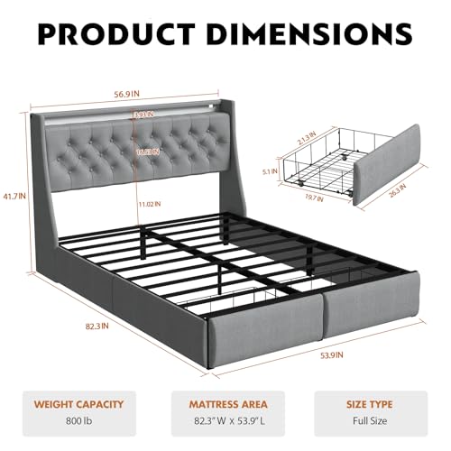 Full Size Bed Frame with 4 Storage Drawers and LED Lights, Upholstered Wingback Headboard, Gray E185