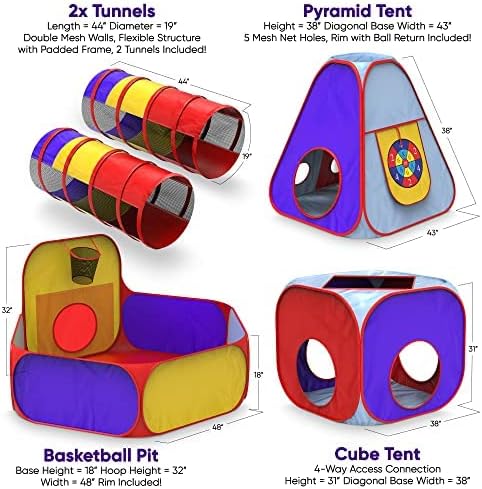Playz 5pc Kids Playhouse Jungle Gym with Pop Up Tents, Tunnels, and Basketball Pit J5115