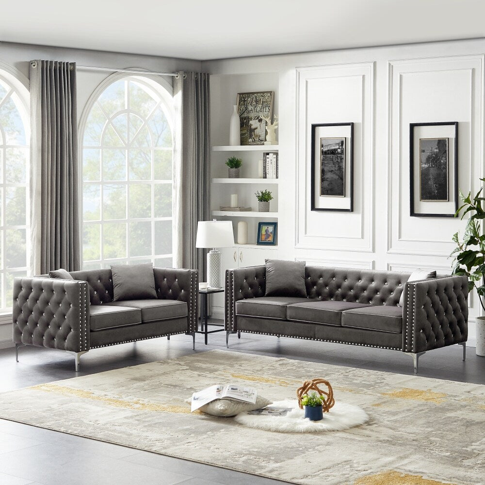 Modern 2 Piece Living Room Set Sofa and Loveseat Grey L77357