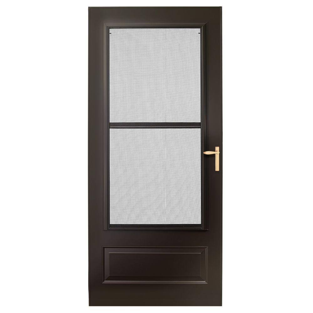 Emco 36 in. x 80 in. 300 Series Bronze Universal Triple-Track Aluminum Storm Door with Brass Hardware