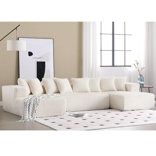 Modular Sectional Couch U-Shaped Sofa with Chaise Lounge, Striped Corduroy, White A846