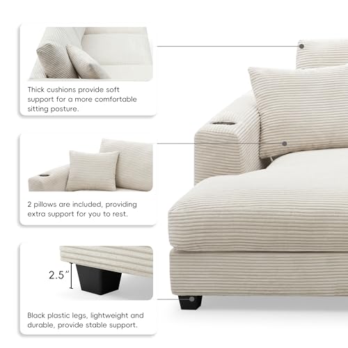 PURLOVE Oversized Corduroy Sectional Sofa with USB Port and Cup Holder Y613870