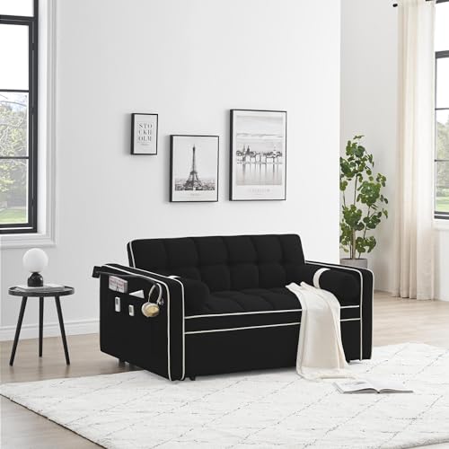 LUMISOL Convertible Couch with Pullout Bed, 3 in 1 Sleeper Sofa Couch Bed, 55" Sofa Bed with Adjustable Backrest, Pull Out Loveseat Sleeper with Pillows & Pockets for Living Room Apartment, Beige