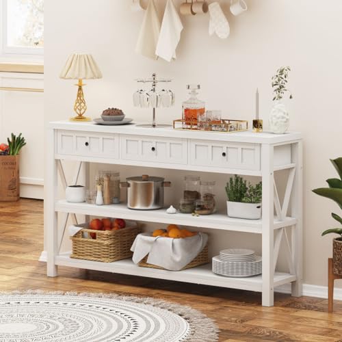 FATORRI Industrial Console Table with Shelf and 3 Drawers, Walnut Brown B286