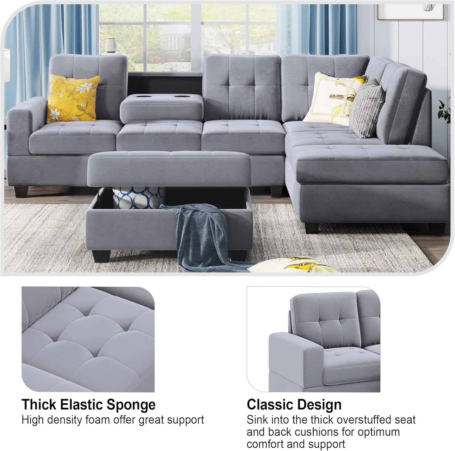 Linen Upholstered L Shaped Sofa Set with Ottoman, Light Gray S90313