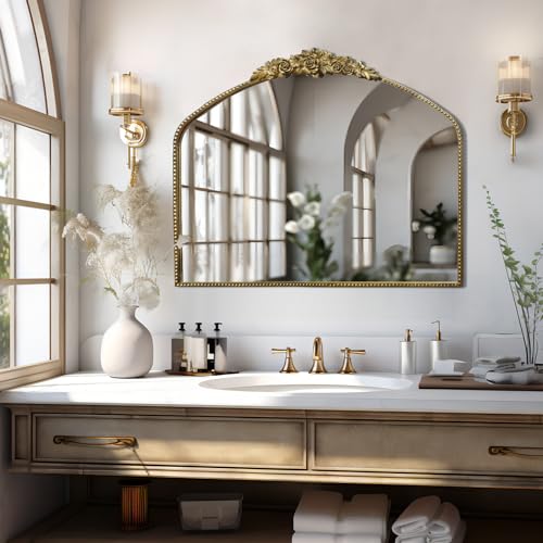 Antique Gold Arch Wall Mirror 48"x30" with Ornate Metal Frame X73569