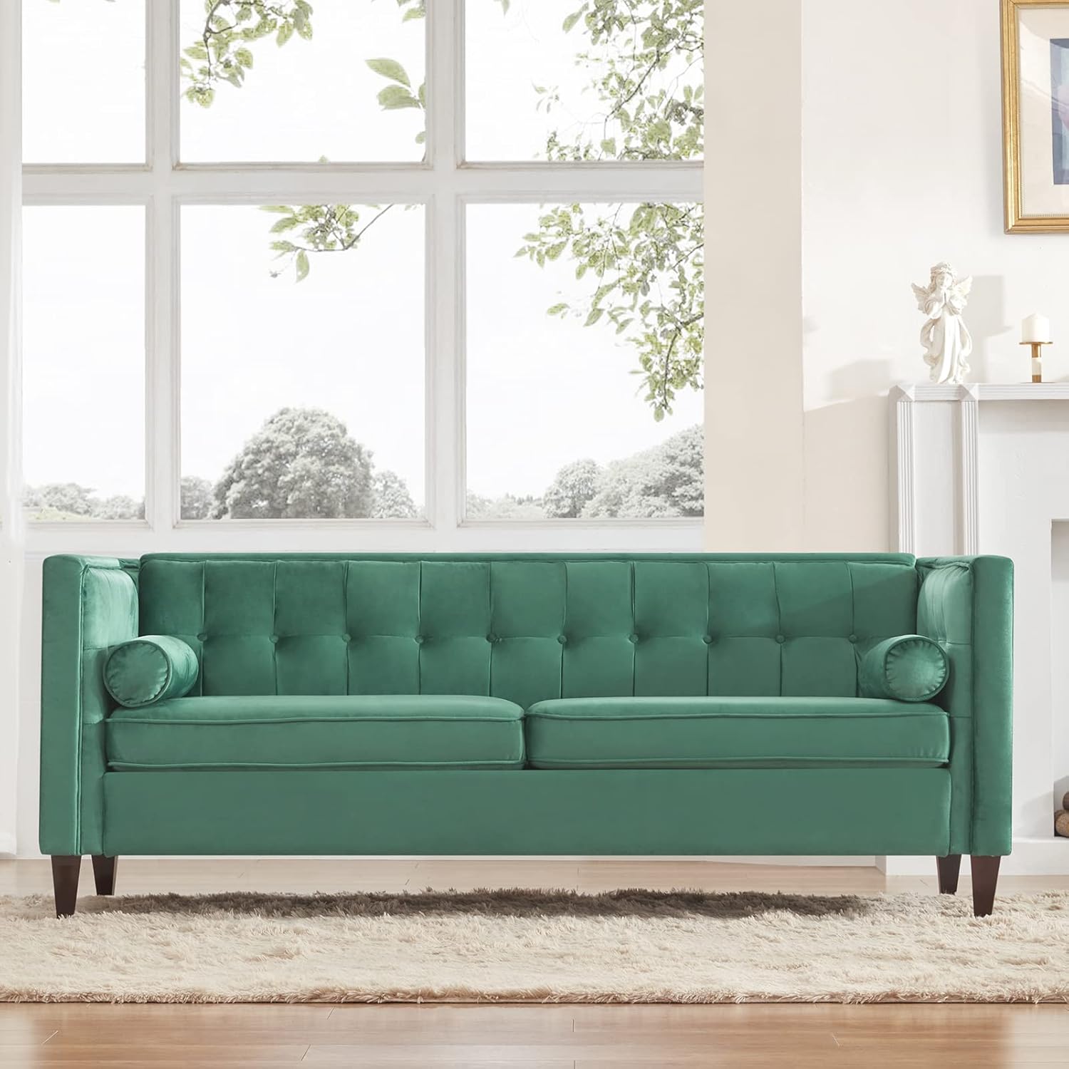 78'' Mid-Century Velvet Sofa, Couch Furniture with Bolster Pillows, Button Tufted Couch for Living Room, Tool-Free Assembly, Green