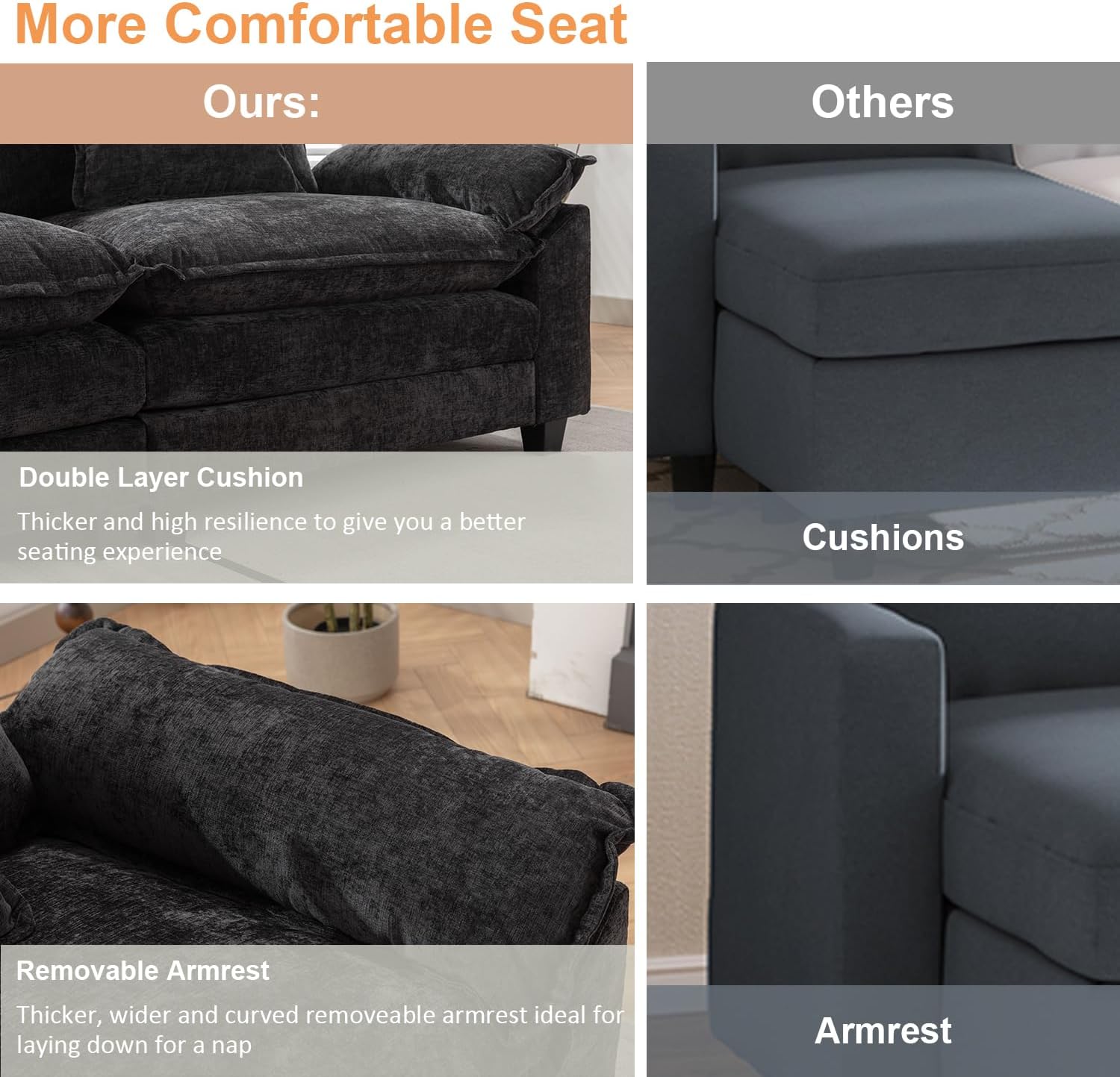IPKIG 117" Sectional Sofa, Chenille L-Shaped Couch with Ottoman, Black L64376