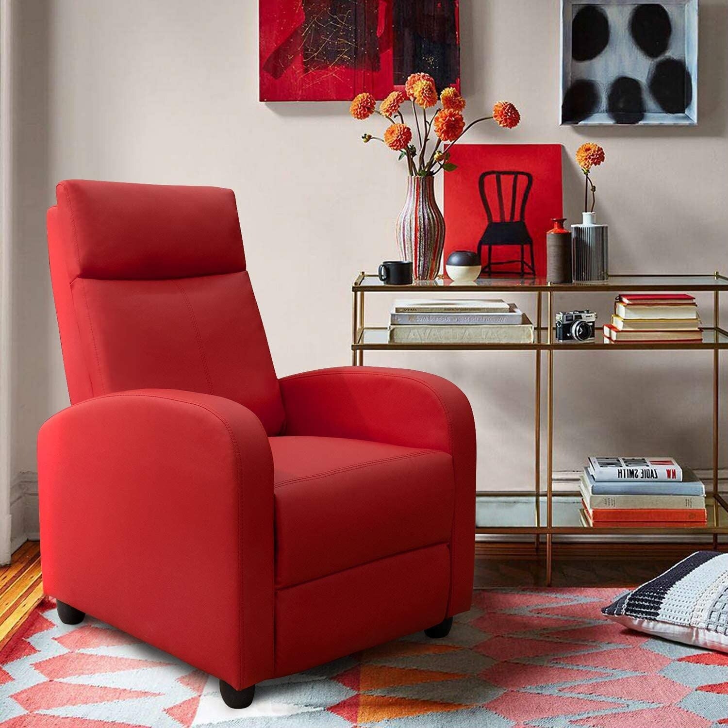 FURNIWELL Recliner Chair PU Leather Single Sofa Red F5749