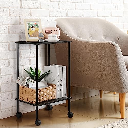 Vrisa End Table Set of 2 Side Table Livingroom Bedside Tables for Small Spaces Nightstands Set of 2 Small Narrow End Table with Wheels 2-Tier Space Saving for Living Room Bedroom Office, Black