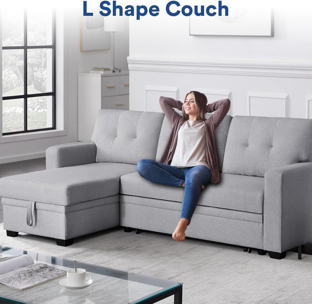4-in-1 Convertible L Shaped Couch with Pull Out Bed and Storage, Light Gray G8799