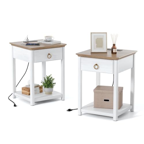 White Farmhouse End Table with Charging Station and Storage Y7066