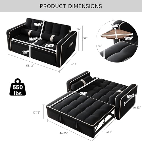 3 in 1 Sleeper Sofa Bed Convertible Loveseat Couch with Side Table, Orange W5695