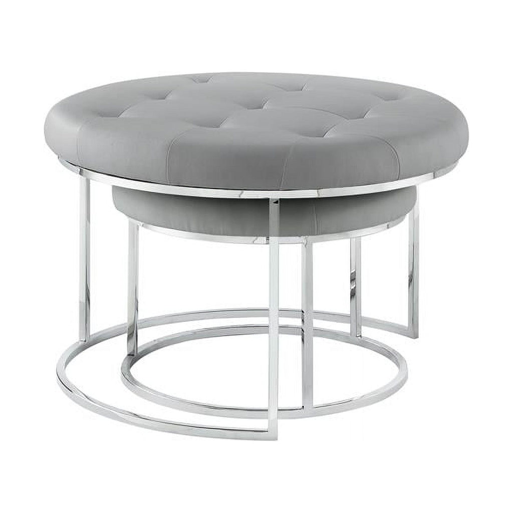 Posh Living Aaden Tufted Faux Leather Nesting Ottoman Set of 2, Gray/Chrome J1057