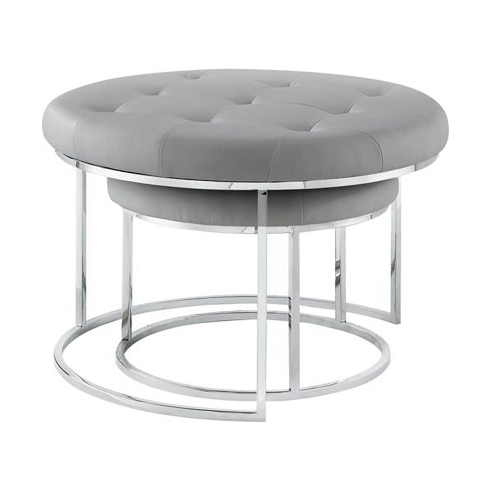 Posh Living Aaden Tufted Faux Leather Nesting Ottoman Set of 2, Gray/Chrome J1057