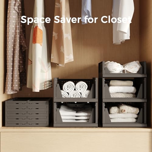 Pinkpum 5 Pack Folding Closet Organizers Storage Box, Stackable Plastic Drawer Basket for Clothing (Grey) H4860