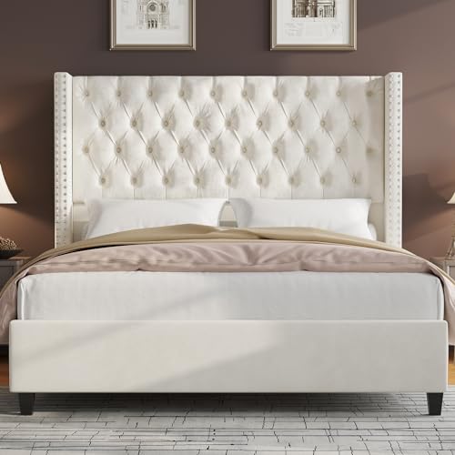 Jocisland King Upholstered Bed Frame with Tall Headboard Wingback Platform Bed, Light Grey R98398