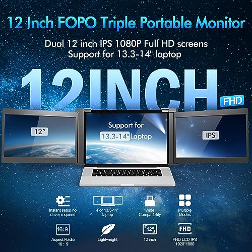 FOPO 12" Triple Laptop Screen Extender, FHD 1080P IPS Portable Monitor for 13"-14.1" Laptop Q5673