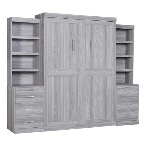 Solid Wood Full Size Murphy Bed with Shelves, Grey-FL4 K329579