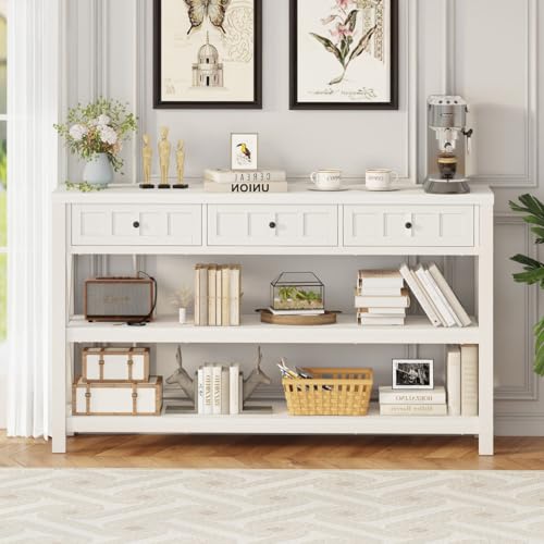 FATORRI Industrial Console Table with Shelf and 3 Drawers, Walnut Brown B286