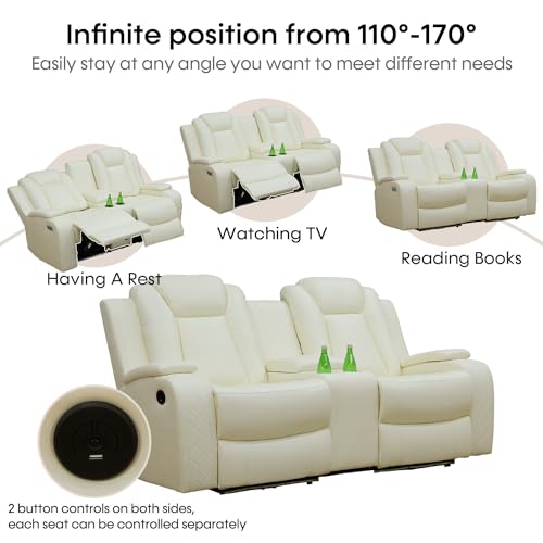 Leather Recliner Sofa Set with LED Lights, USB Port, Black, 3 Piece O741