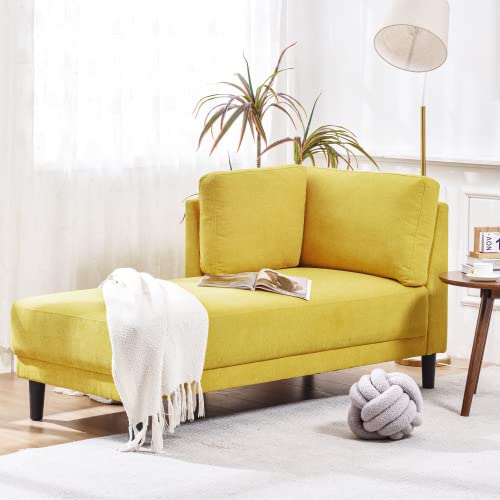 65" Corner Lounge Chair, Mid-Century Modern Fabric Upholstered Indoor Chaise Lounge for Bedroom,Office, Small Living Room & Apartment, Yellow (Left Armrest)