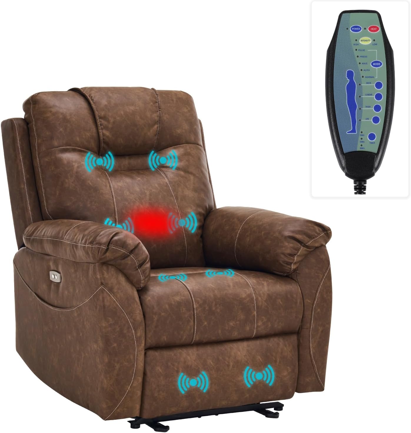 Electric Recliner with Heat & Massage, Leather Recliner Chair with Extended Footrest, Wall Hugger Recliners, Power Recliner Chair with 2 Side Pockets & USB Ports for Living Room & Bedroom