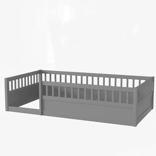 Twin Size Montessori Floor Bed for Kids with High Fence Railings, White R84810