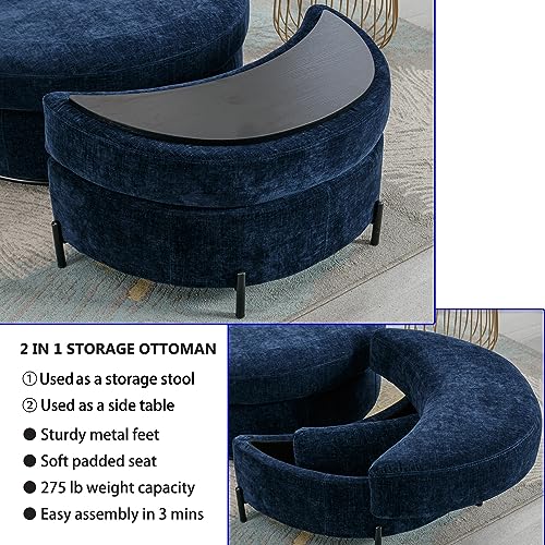 Oversized Swivel Accent Barrel Chair with Storage Ottoman and 4 Pillows, Terracotta Chenille E3151
