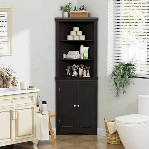 Flamaker Corner Cabinet with 2 Barn Doors and 3 Shelves, Espresso A82486