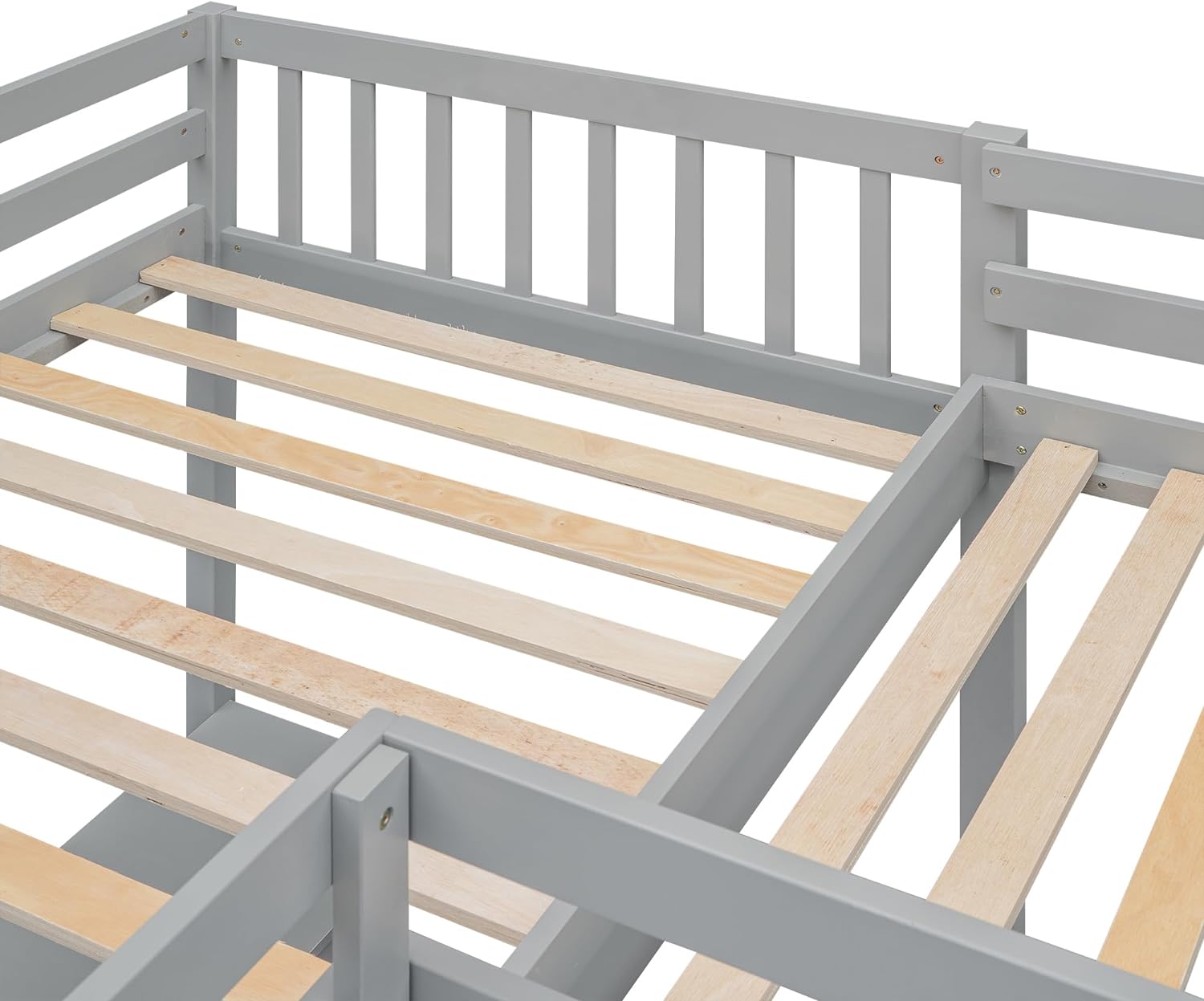 L-Shaped Double Twin Loft Bed with 2 Desks, Wood, Gray O422687