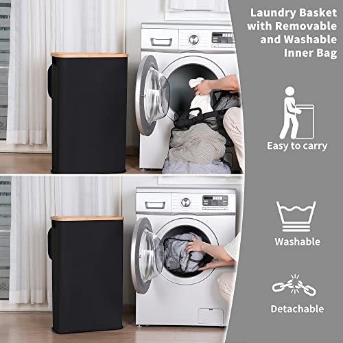 Slim Laundry Hamper with Lid, 75L Collapsible Clothes Basket with Bamboo Handles, Black R4048