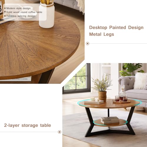 Round Wood Coffee Table with 2-Tier Storage Rack, Metal Legs, 35 x 35 x 17 in L99003