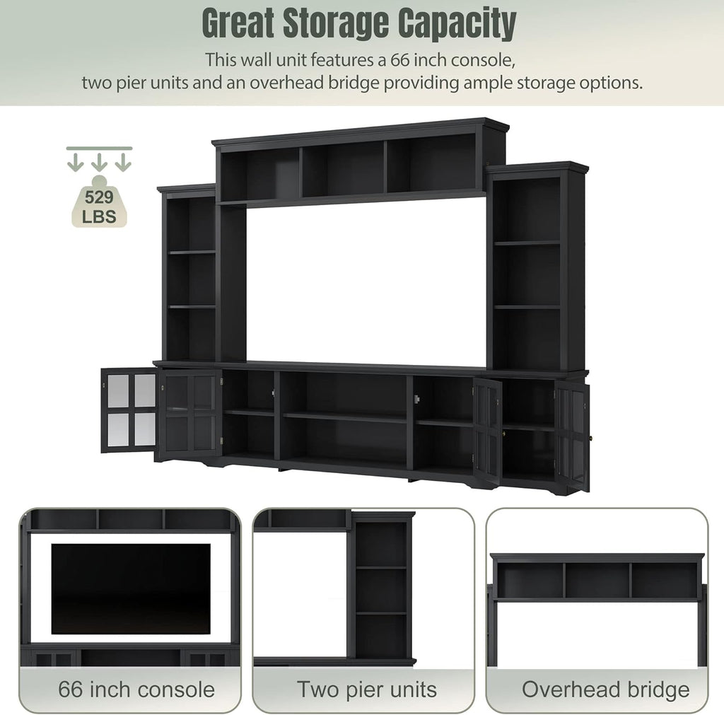 Modern Entertainment Wall Unit for TVs Up to 70" with Glass Doors, Black Y208870