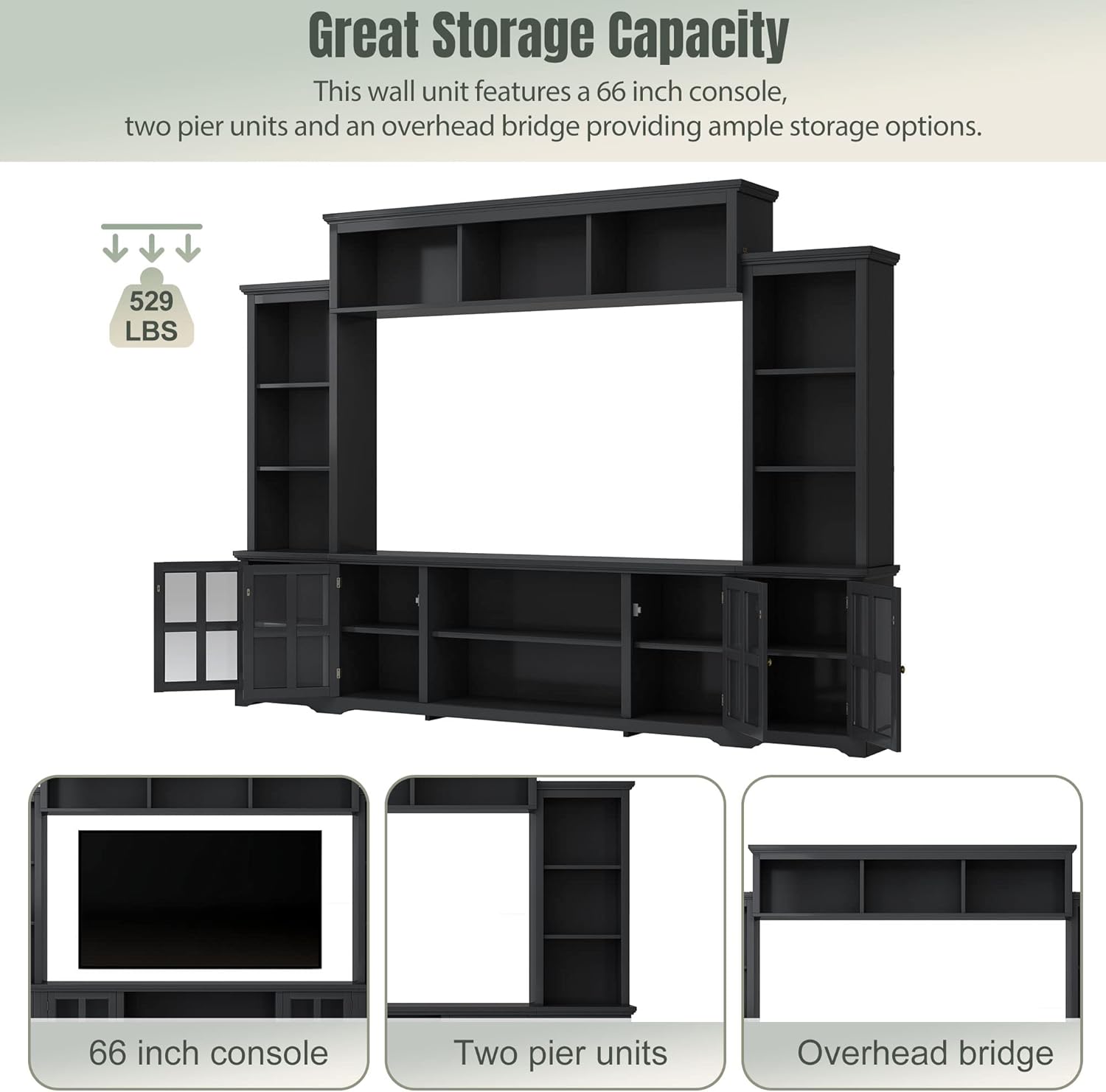Modern Entertainment Wall Unit for TVs Up to 70" with Glass Doors, Black Y208870