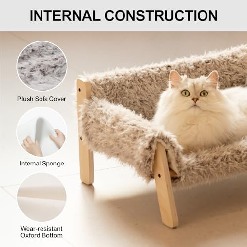 MEWOOFUN Cat Couch Bed, Wooden Pet Sofa with Removable Mattress Cover, Plush Beige F123404