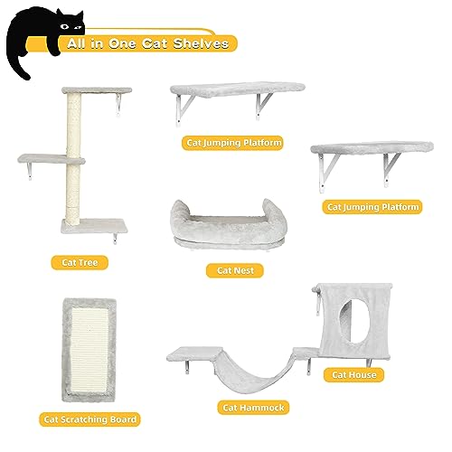 Wall Mounted Cat Furniture 6pc Set with Cat House, Bridge, Steps and Scratcher - Grey M97375