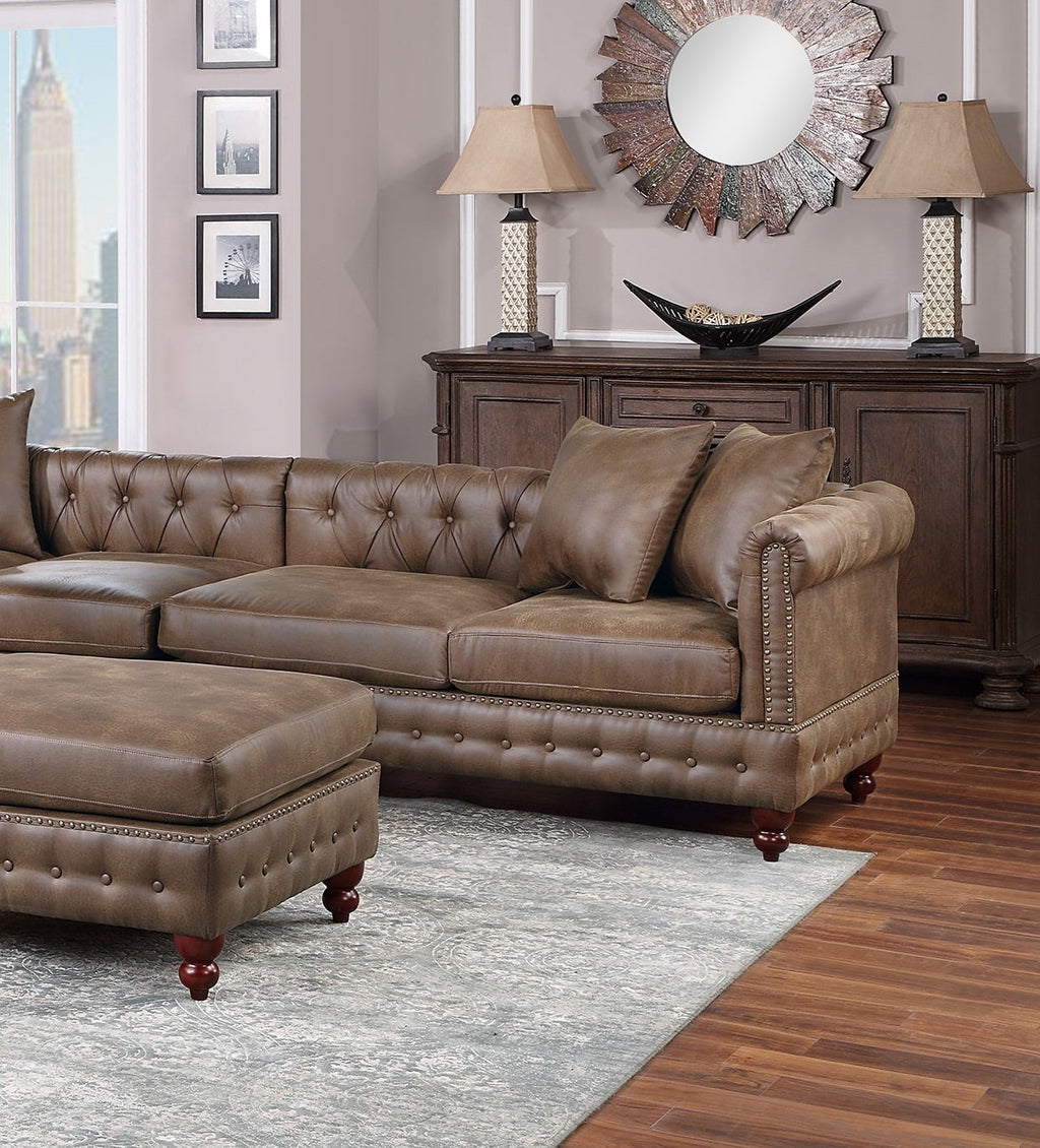Dark Coffee Leatherette Solidwood Sectional 4pc Set with Ottoman R205