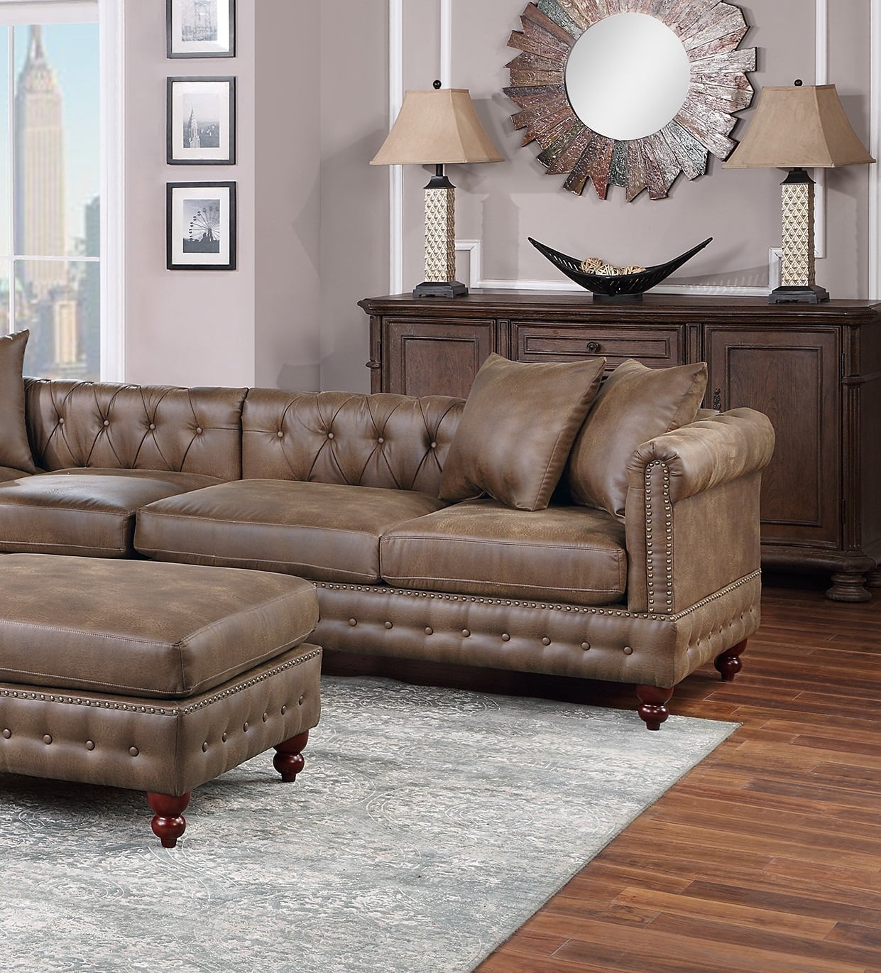 Dark Coffee Leatherette Solidwood Sectional 4pc Set with Ottoman R205