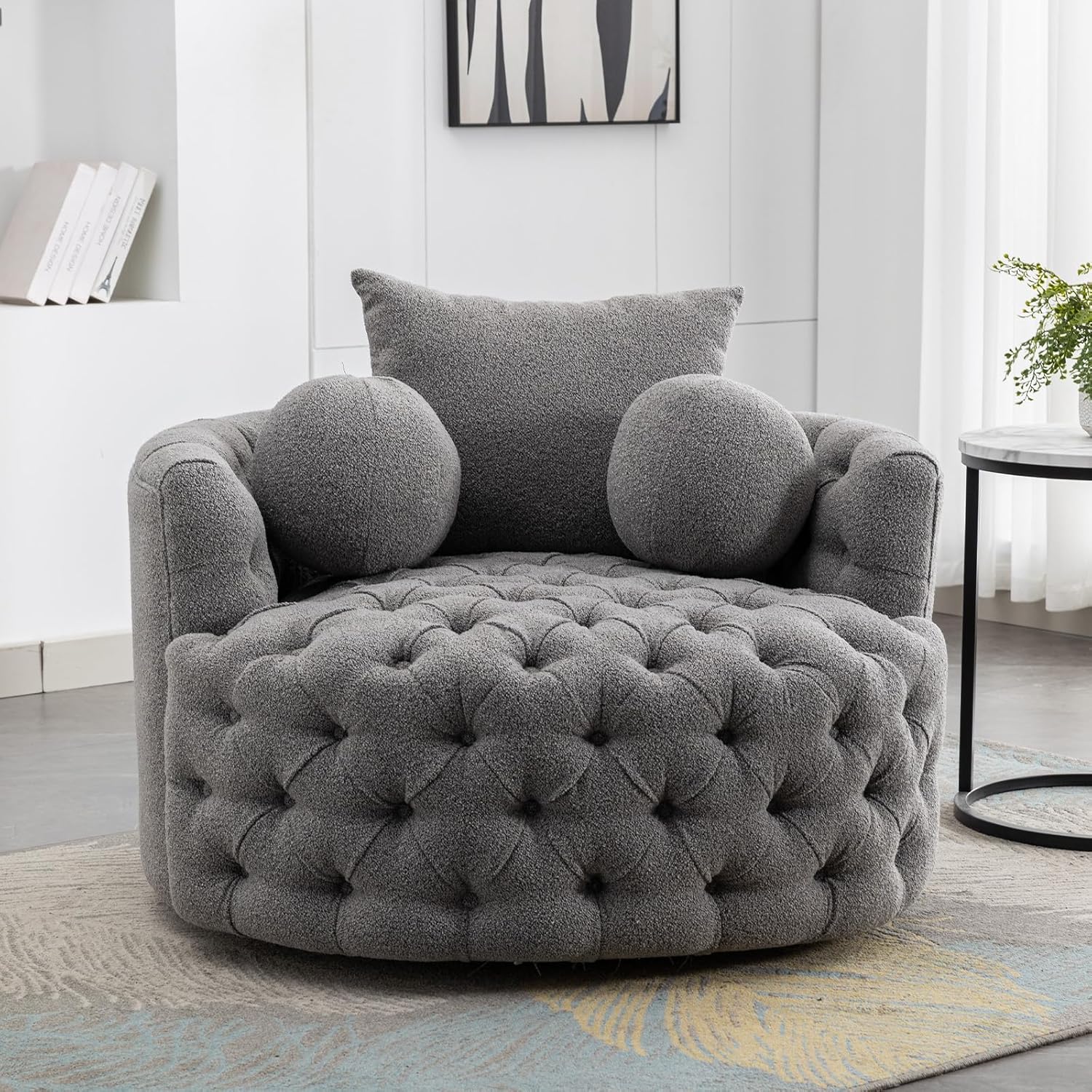 42.9" Oversized Swivel Accent Barrel Chair Chenille Tufted with 3 Pillows F8597