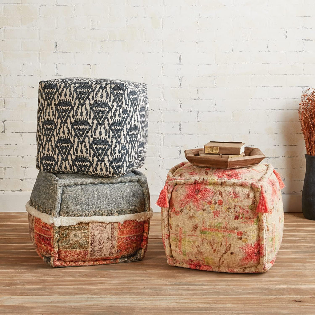 47th & Main Square Boho Tasseled Fabric Foot Stool Ottoman Pouf, 16" x 16" Y832