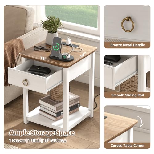 White Farmhouse End Table with Charging Station and Storage Y7066