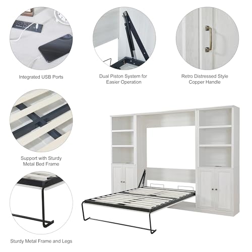 Full Size Murphy Bed with Storage Cabinet, Drawers and Shelves, White X911287
