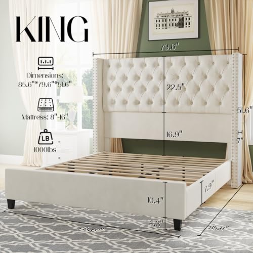 Jocisland King Upholstered Bed Frame with Tall Headboard Wingback Platform Bed, Light Grey R98398