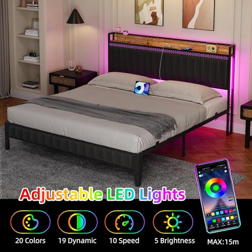 IDEALHOUSE Queen Bed Frame with Charging Station and LED Lights, Black N267458
