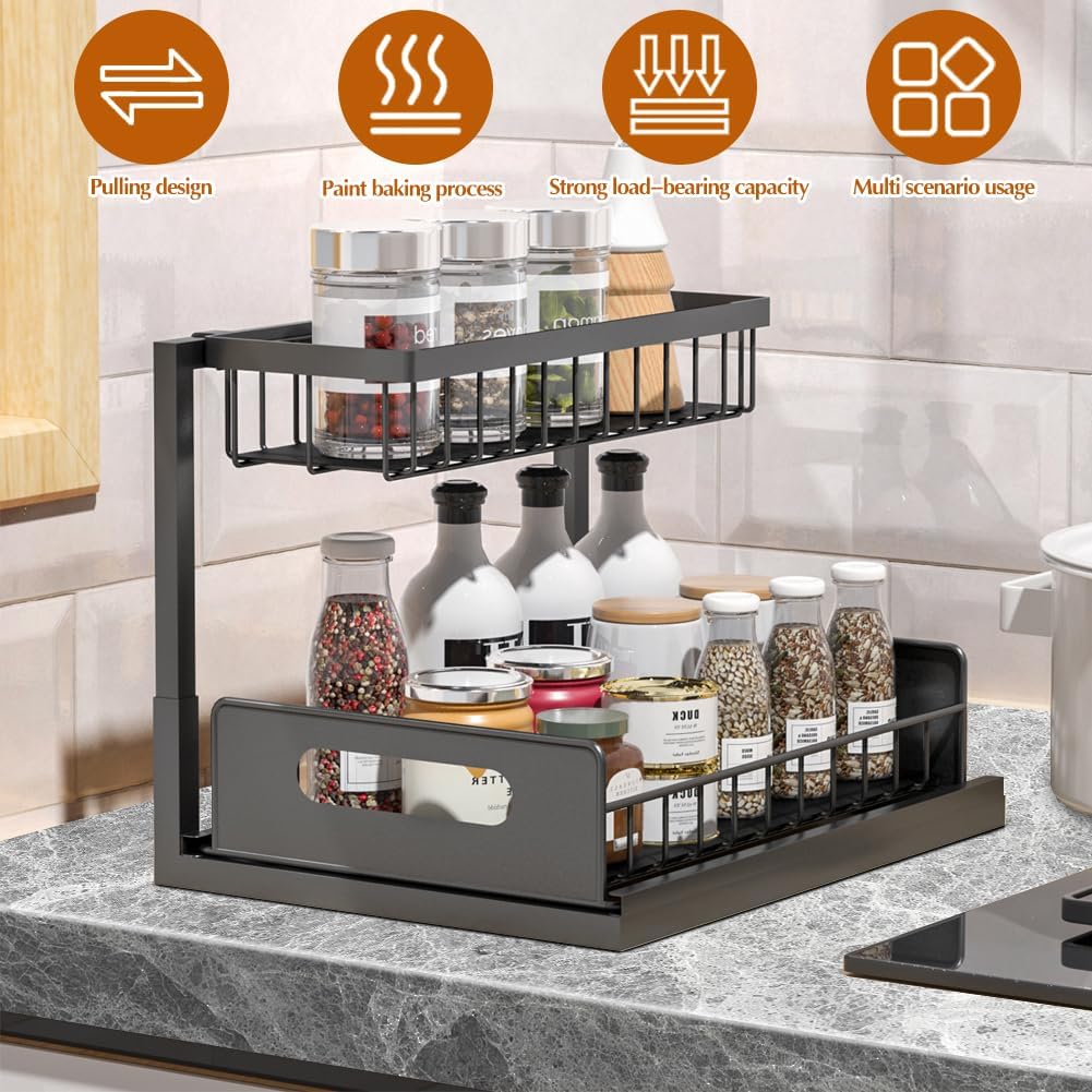 2 Pack Under Sink Organizers, Metal Slide Out Cabinet Shelf with Sliding Drawer Q31683