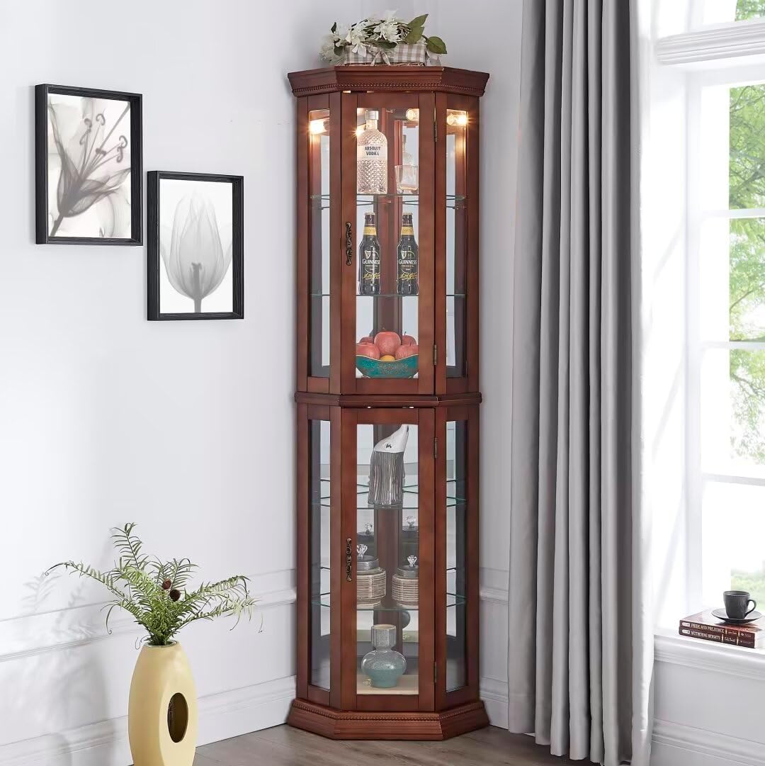 Lighted Curio Cabinet 6 Shelf Corner Display Case with Tempered Glass Shelves, Oak M483925